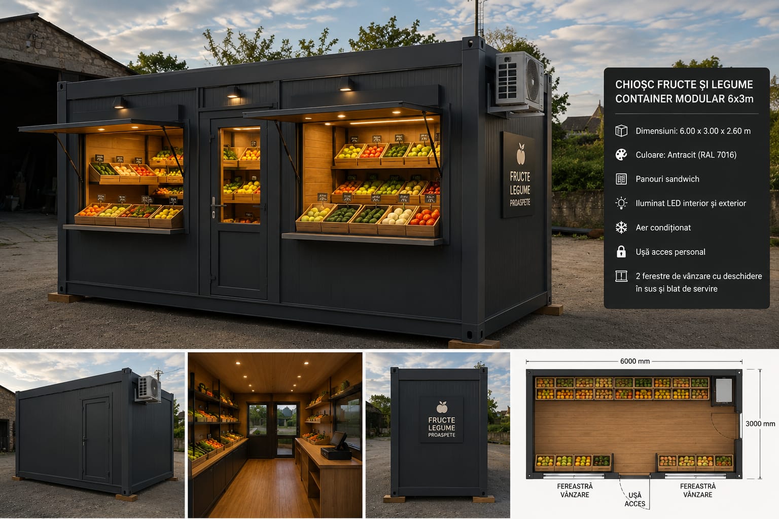 Chioșc modular antracit pentru fructe și legume, cu ferestre de vânzare deschise și rafturi iluminate