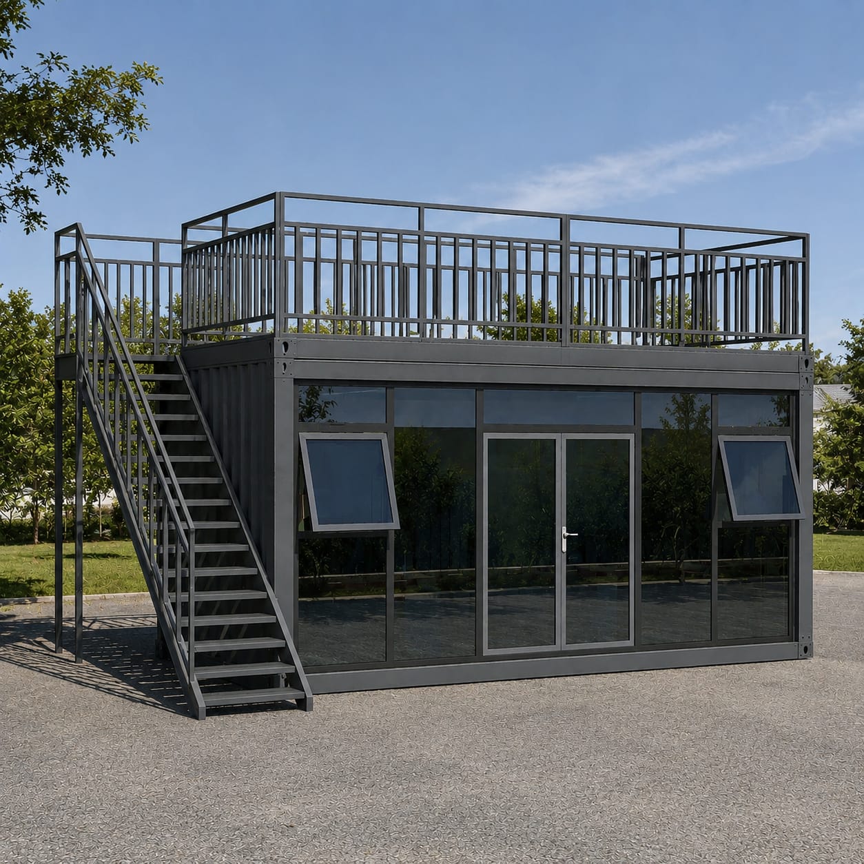 Container modular pe două niveluri, gri antracit, cu fațadă vitrată și terasă pe acoperiș
